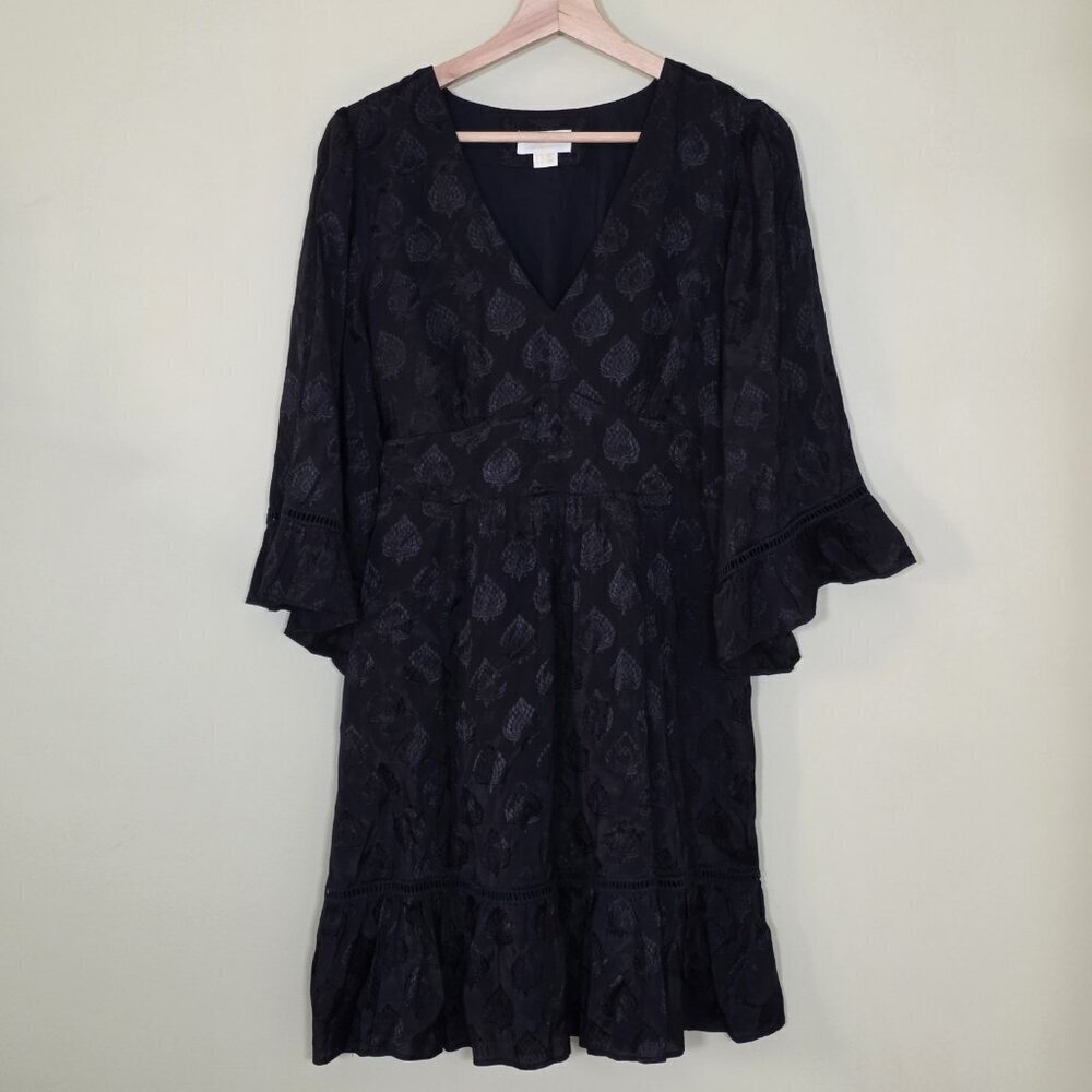 Maeve Christine Dress Women 8 Black Floral Satin Belted Eyelet Lined Whimsigoth